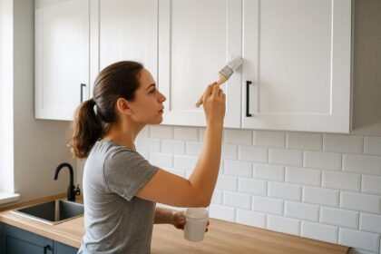 Nő konyhaszekrényajtót fest egy modern konyhában.