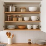 Rendezett konyhai szekrény tárolóedényekkel és edényekkel.