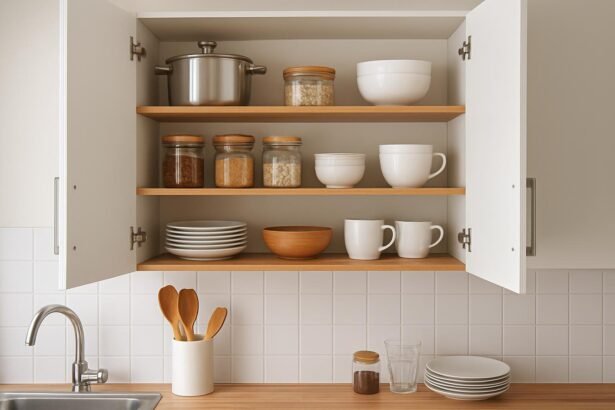 Rendezett konyhai szekrény tárolóedényekkel és edényekkel.