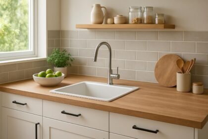 Konyhai pult moderne design, zöld almákkal és fűszernövényekkel