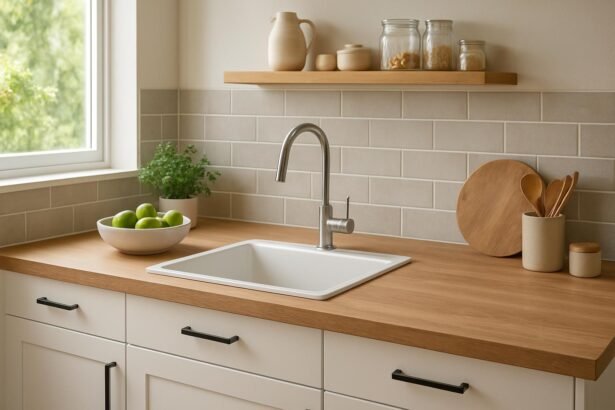 Konyhai pult moderne design, zöld almákkal és fűszernövényekkel