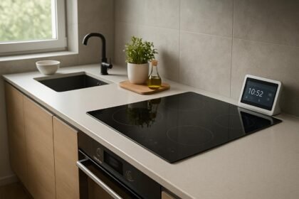 Modern konyhapult antibakteriális felülettel és okoseszközökkel.