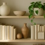 Könyvespolc dekoráció személyes tárgyakkal és növényekkel.