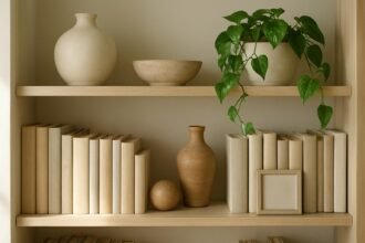 Könyvespolc dekoráció személyes tárgyakkal és növényekkel.