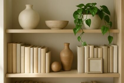 Könyvespolc dekoráció személyes tárgyakkal és növényekkel.