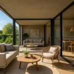 Kültéri nappali modern bútorokkal és zöld környezettel