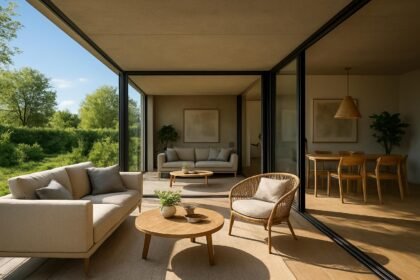 Kültéri nappali modern bútorokkal és zöld környezettel