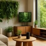 Modern nappali biofil designnal és okos technológiával