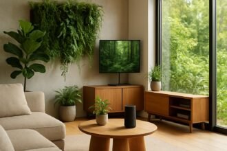 Modern nappali biofil designnal és okos technológiával