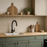 Modern konyha zöld és krém színkombinációval