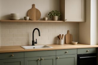 Modern konyha zöld és krém színkombinációval