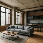 Loft stílusú lakás nappali részlete nyers téglával és betonnal.