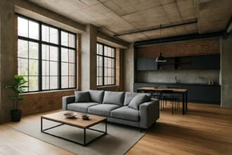 Loft stílusú lakás nappali részlete nyers téglával és betonnal.