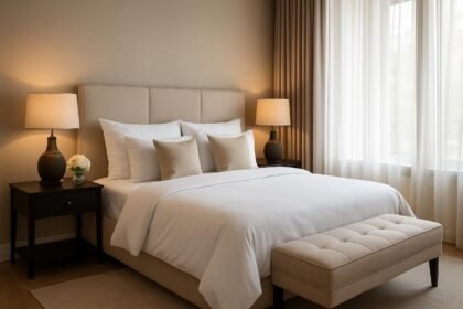 Modern hálószoba kellemes világítással és elegáns bútorokkal