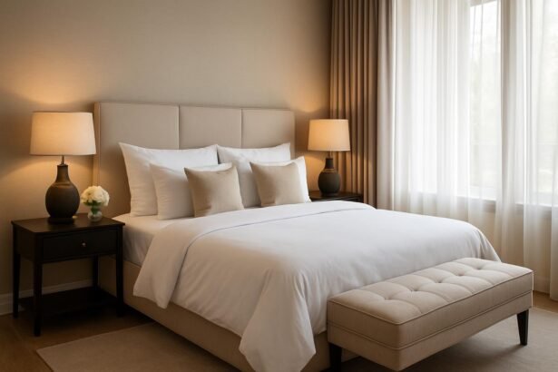 Modern hálószoba kellemes világítással és elegáns bútorokkal