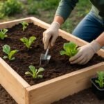 Friss zöldségek ültetése magaságyásban a kertben.