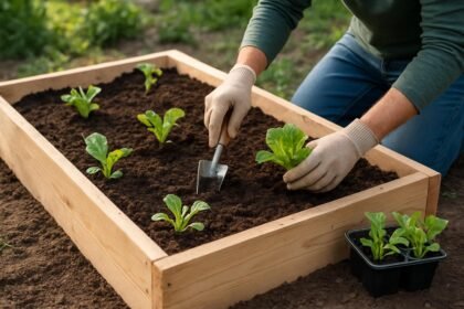 Friss zöldségek ültetése magaságyásban a kertben.