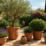 Mediterrán növények terrakotta virágcserepekben a kertben