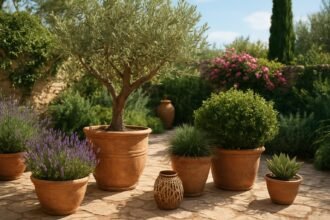 Mediterrán növények terrakotta virágcserepekben a kertben