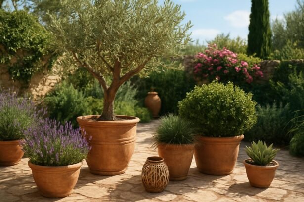 Mediterrán növények terrakotta virágcserepekben a kertben