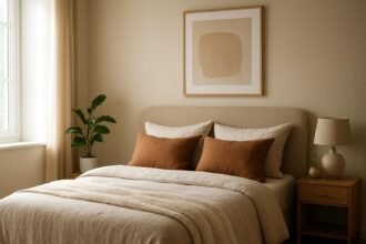 Modern hálószoba bronz és bézs színárnyalatokkal, növényekkel.