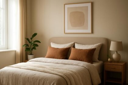 Modern hálószoba bronz és bézs színárnyalatokkal, növényekkel.