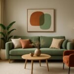 Modern lakásbelső 2026 színek és trendek, zöld kanapéval.