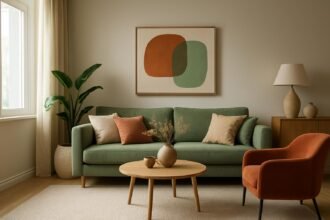 Modern lakásbelső 2026 színek és trendek, zöld kanapéval.