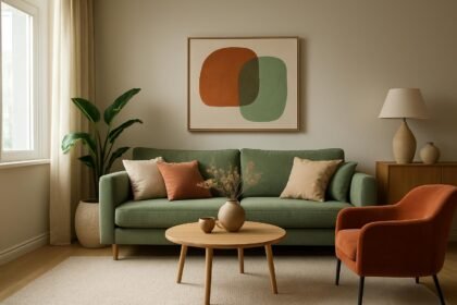 Modern lakásbelső 2026 színek és trendek, zöld kanapéval.