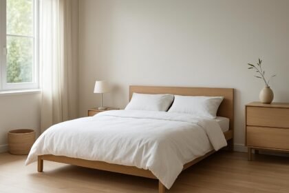 Minimalista hálószoba letisztult designnal és természetes anyagokkal.