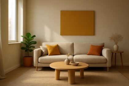 Minimalista nappali meleg színekkel és természetes anyagokkal