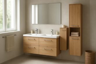 Modern fürdőszobabútorok elegáns kialakítással és praktikus tárolással.