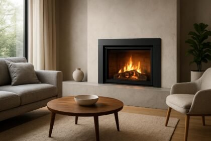 Modern kandalló a nappaliban, otthonos design és melegség.