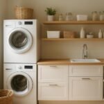 Modern mosókonyha tervezett elrendezéssel és tárolókkal