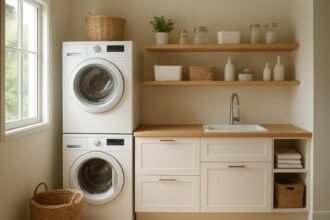 Modern mosókonyha tervezett elrendezéssel és tárolókkal