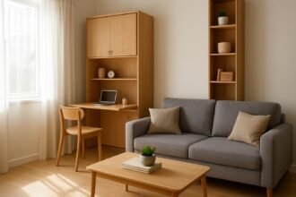 Modern multifunkciós bútorok kis lakásban, íróasztallal és kanapéval.