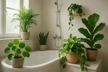 Zöld növények a fürdőszobában, párás környezetben
