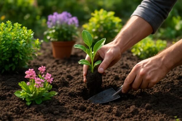 Kertész ültet egy növényt a kertben, harmonikus elrendezéssel.