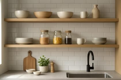Modern konyhai nyitott polcok különböző edényekkel és dekorációval.
