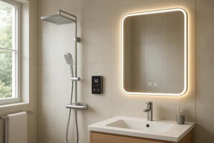 Digitális zuhany és fűtött tükör egy modern fürdőszobában.