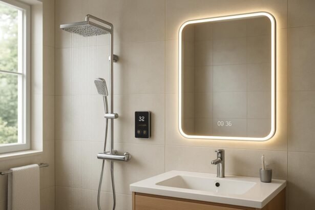 Digitális zuhany és fűtött tükör egy modern fürdőszobában.