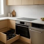Modern konyha beépíthető gépekkel és rejtett fiókokkal