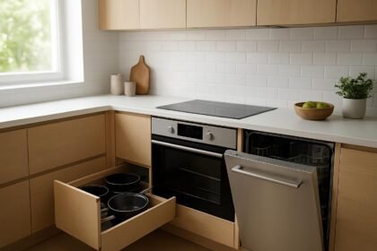 Modern konyha beépíthető gépekkel és rejtett fiókokkal