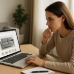 Nő online bútort vásárol, figyelmesen nézi a kanapét a laptopon.