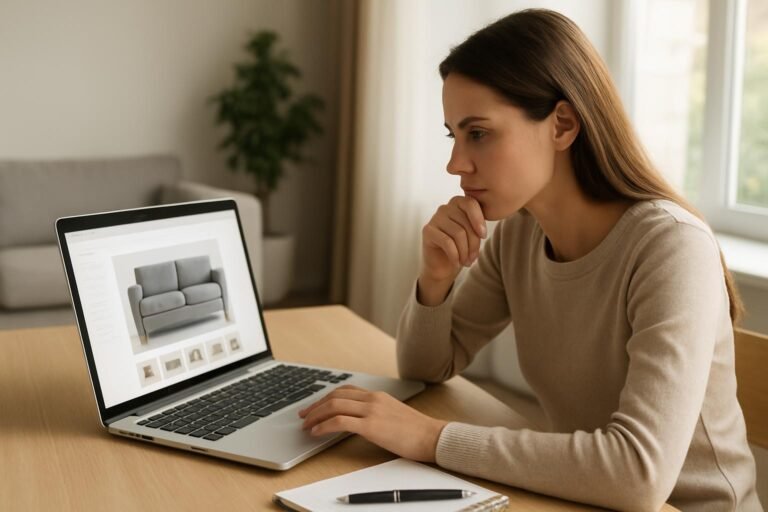 Nő online bútort vásárol, figyelmesen nézi a kanapét a laptopon.