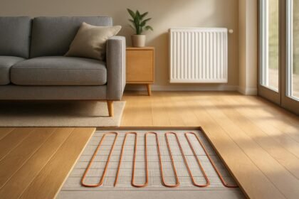 Modern nappali padlófűtéssel és radiátorral