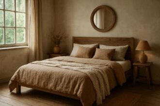Rusztikus stílusú hálószoba meleg színekkel és természetes anyagokkal.