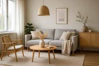 Skandináv stílusú nappali világos és otthonos bútorokkal