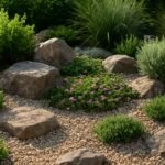 Sziklakert színes növényekkel és természetes kövekkel