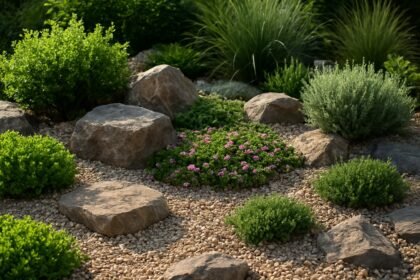 Sziklakert színes növényekkel és természetes kövekkel